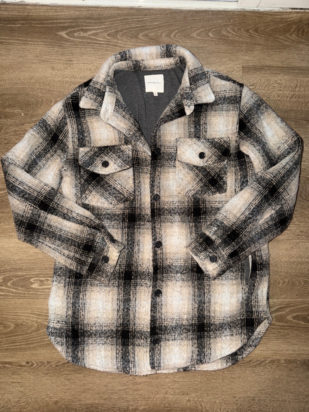 Thread & Supply Plaid Button-Front Shacket in Beige and Black